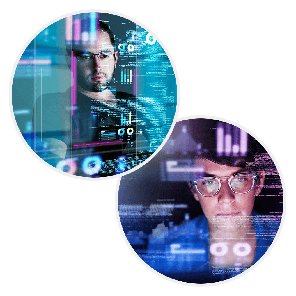 Man staring at screen, overlay with teal charts and graphs