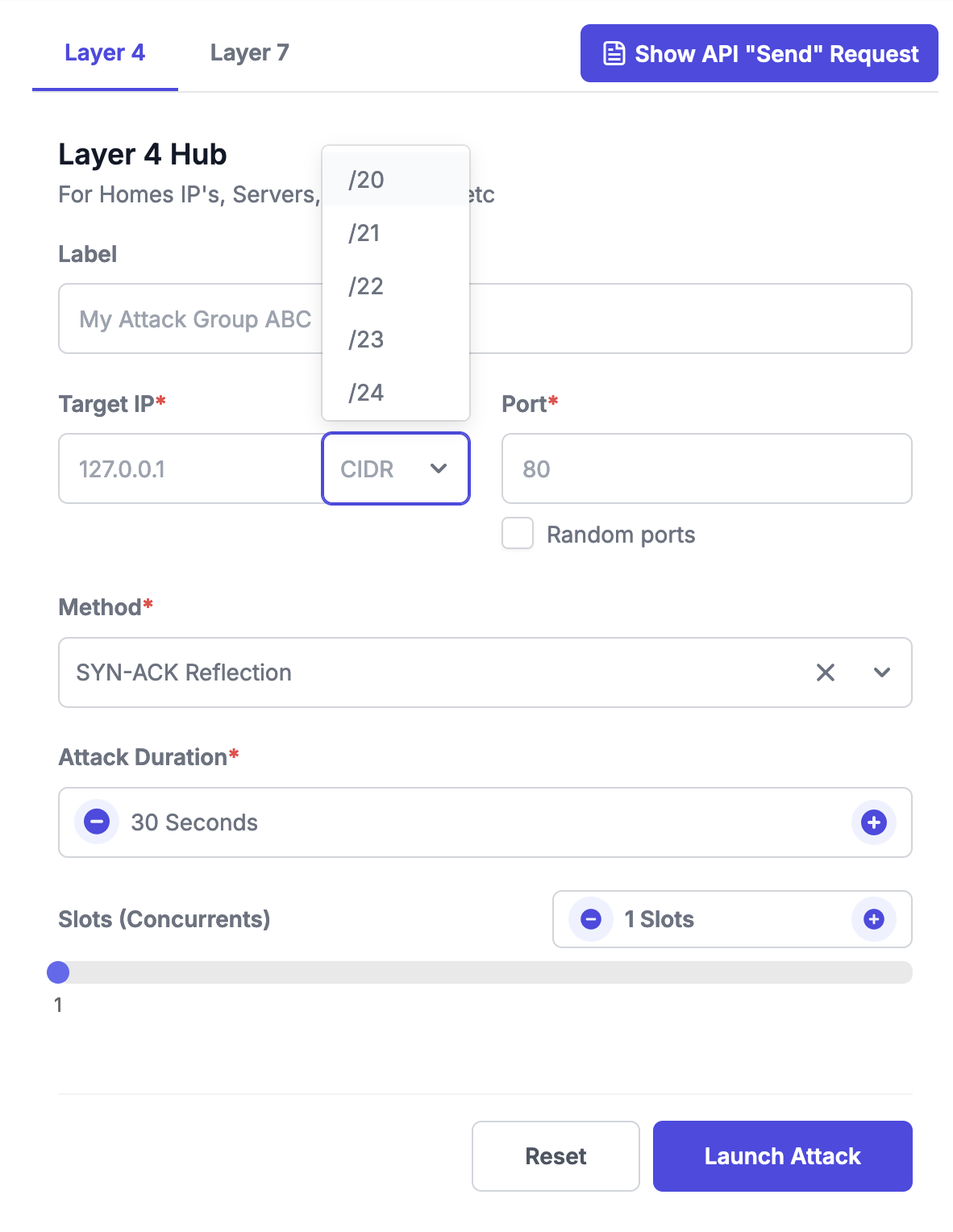 Selecting subnets on booter/stresser site