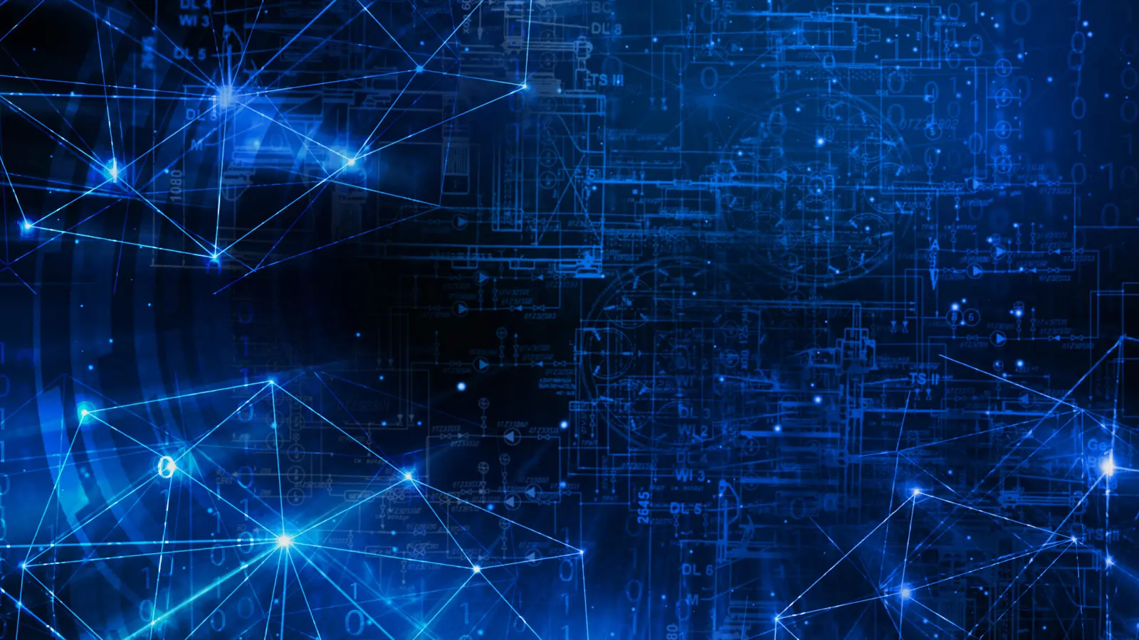 Abstract dark blue background with lighter blue dots, lines, and binary code