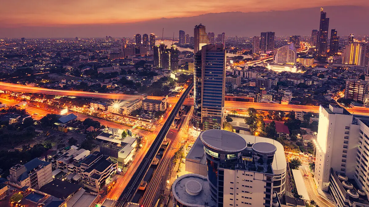 Citscape from above at dusk with purple red hues