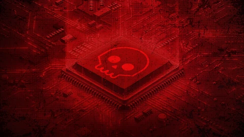 Skull and Microchip on Red Abstract Background