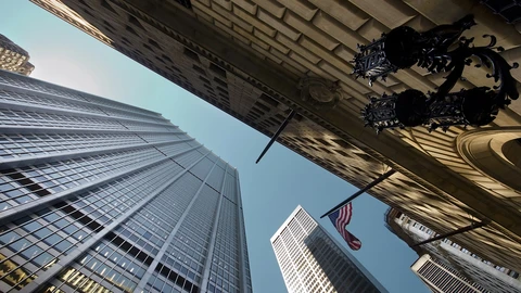 Looking up at office buildings