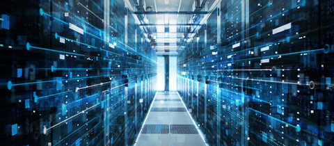 Data Center with entry door lighting up isle 