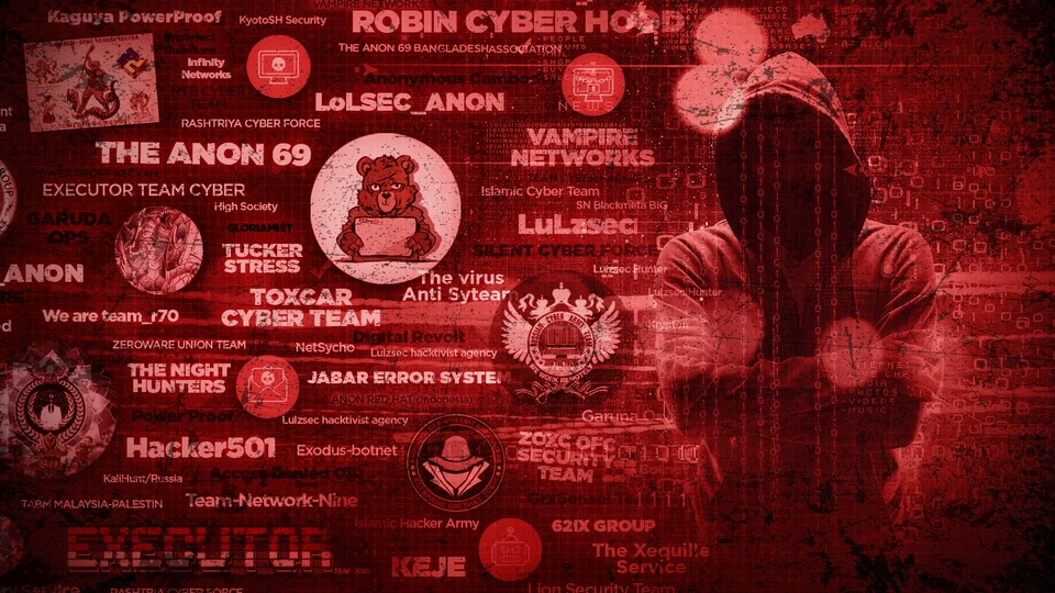 Cyberattacker and Hacker Groups on Red Abstract Background
